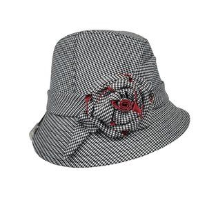 NWT San Diego Hat Co. Houndstooth Fedora Cloche Hat with Rose Black Pink OS